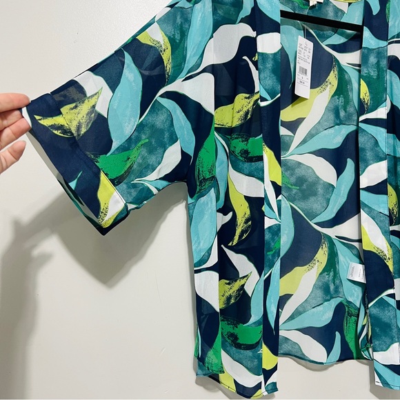 Laura Petites Vibrant Tropical Leaf Print Kimono Sheer Resort Cardigan Petite S - Picture 2 of 10